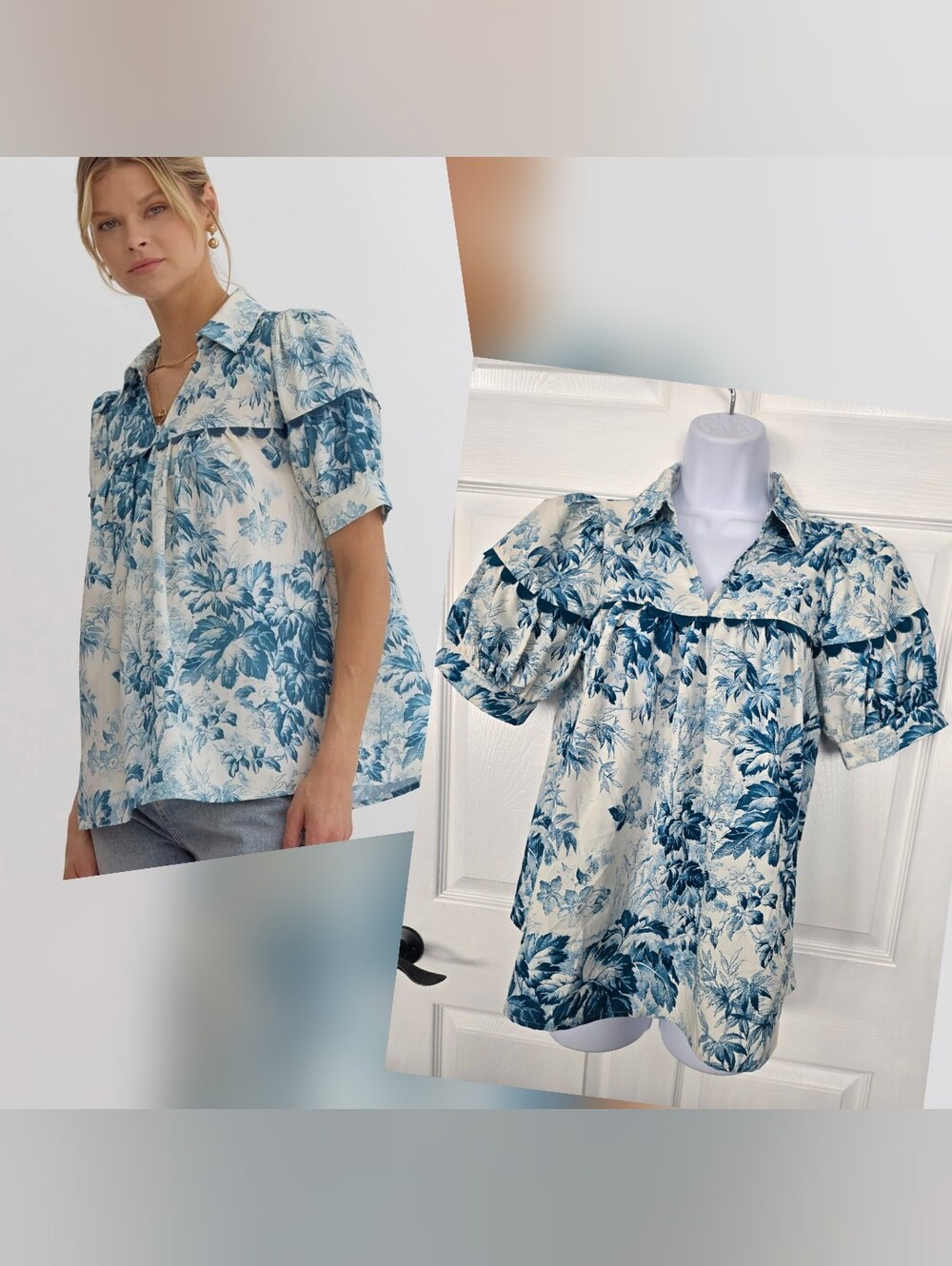 🦋 ENTRO 🦋 | Floral Puff-Sleeve Button-Up Blouse in Blue and Cream, size Small